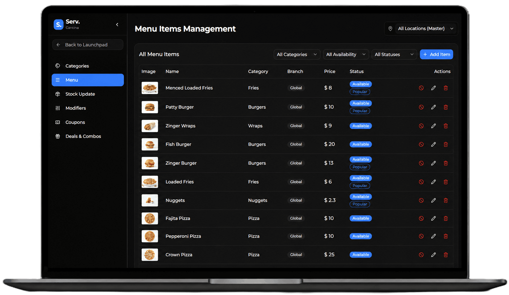 Serv. Inventory and Menu Management Interface
